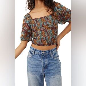 Free People Floral Smocked crop top Blouse nwt